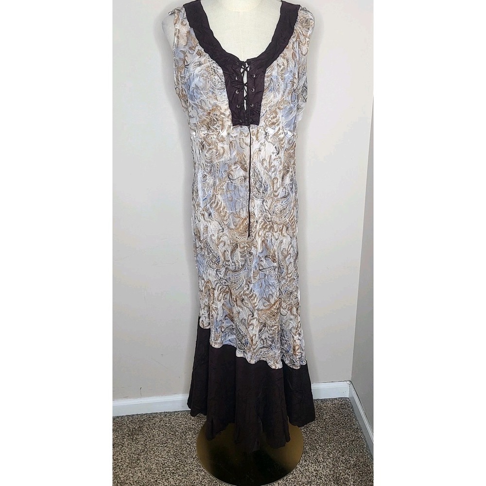 Vintage Komarov Crinkle Paisley Midi Dress Y2K Boho Renaissance Gothic Lace Up L